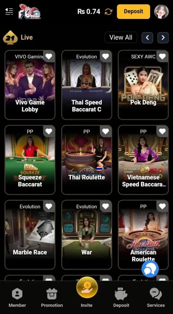 F6 Game Android app screenshot showing the main app interface