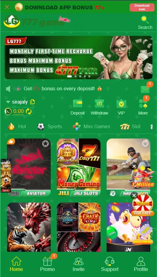 LG777 Game Android home screen with search, account shortcuts, categories, and bottom navigation