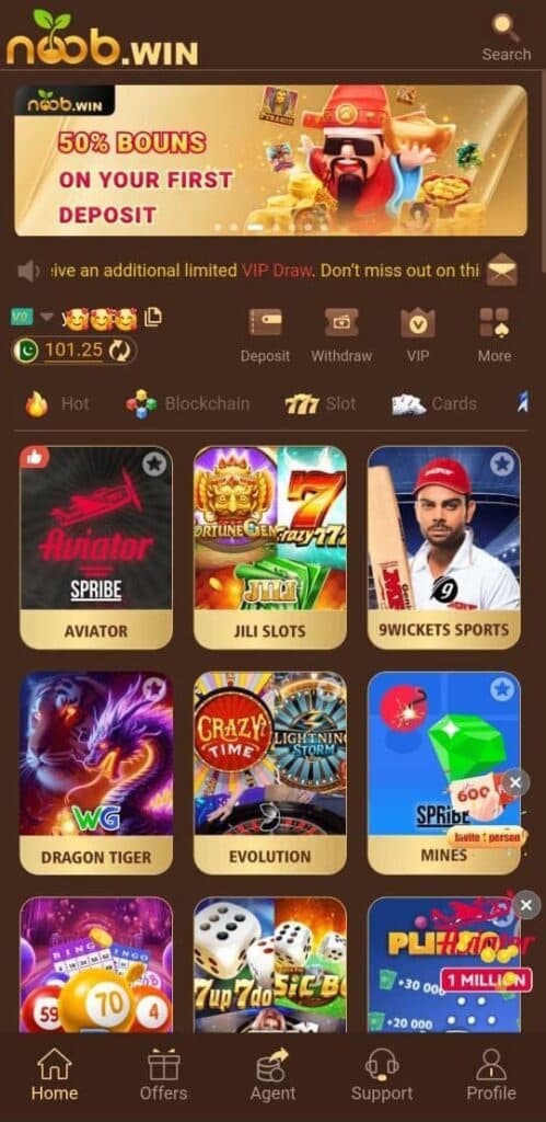 Noob Win Game Android app screenshot showing the main app interface
