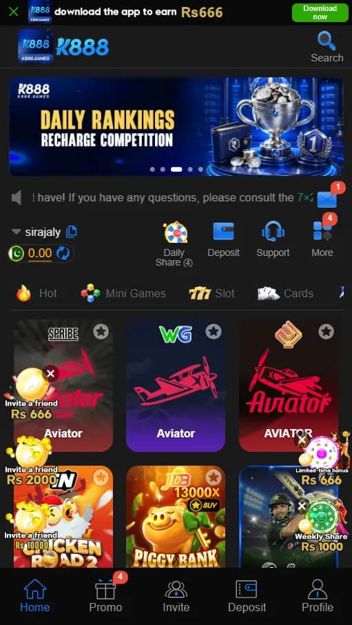 K888 Game Android home screen with search, account shortcuts, game categories, and bottom navigation